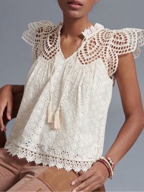 Blue Tassel for Anthropologie Charlize Crocheted Top Ivory Tie Neck XL